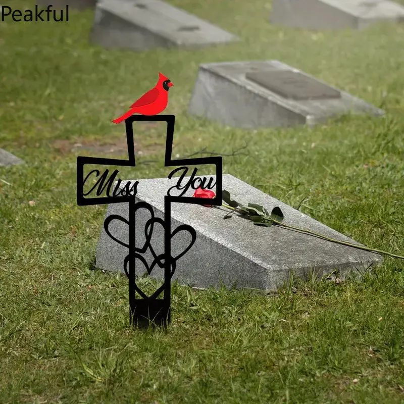 Sympathy Cardinal Memorial Cross Stake, Meaningful Cemetery Garden Decor with Sentimental Design, Weather-Resistant Metal Grave Marker, touching red cardinal symbol and loving message, great for honoring family,, funeral ceremonies and memorial gifts