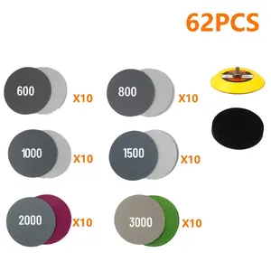 62-Piece 3-Inch Sandpaper Set, 600-3000 Grit Hard Alloy Dry Wet Sandpaper, Includes Air Sander Disc and Foam Pad, for Car Body, Wood, Metal, Glass Polishing