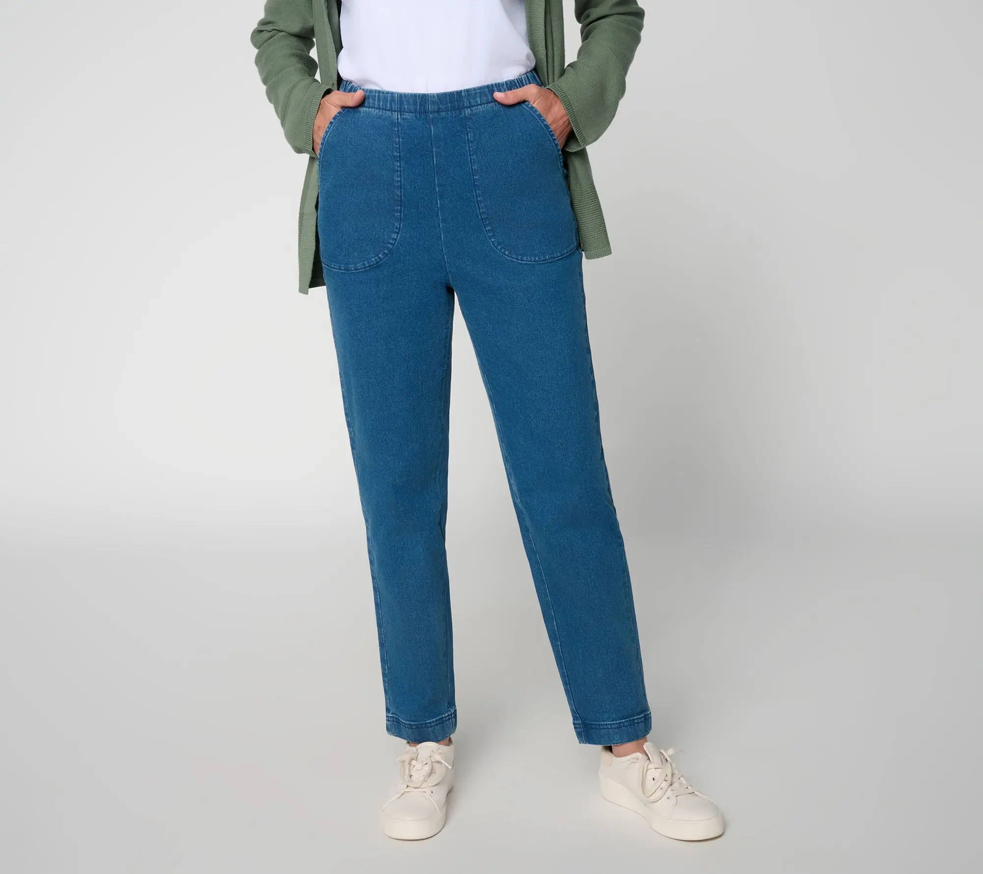 Denim & Co. Petite Indigo Flat Front Ankle Jeans with Pockets