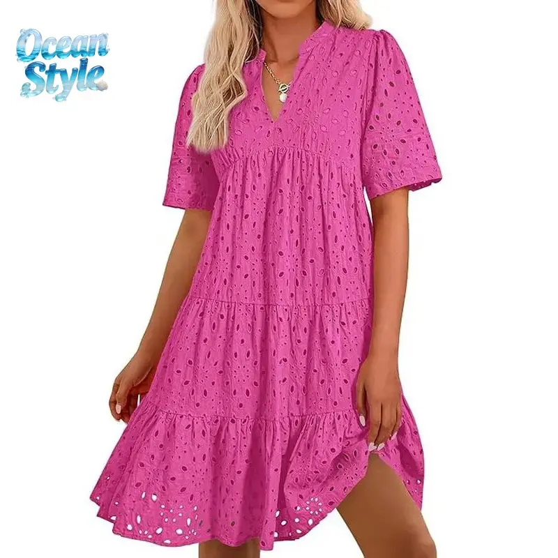 Women's 100% Cotton Boho Style A-Line Tunic Dress, XXL Plus Size, V-Neck with Hollow Lace & Ruffled Detail, Pull-On Short Sleeve Boho Style Outfit, Beach Resort Casual Wear
