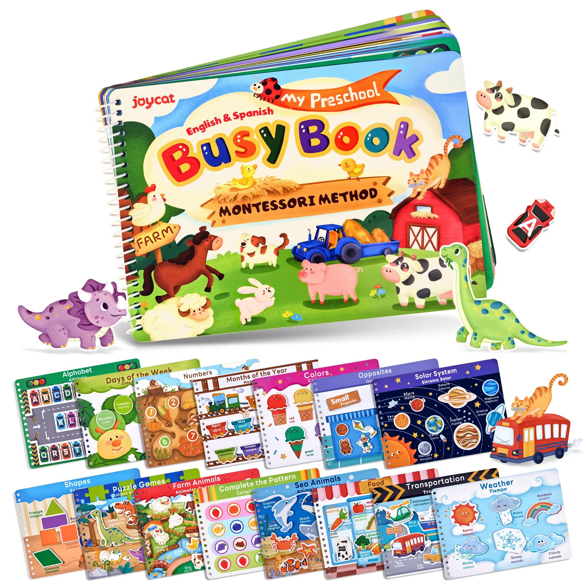 JoyCat Preschool Montessori Busy Book for Kids - Language Sensory Toy, Busy Board, Alphabet Flashcards, Color Recognition, Counting Games, Farm Animals Matching, English & Spanish Version, Daily Life Themes, Autism Learning Material