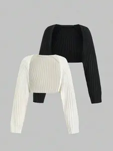 Women's Solid Crop Cardigan, Casual Basic Long Sleeve Open Front Knitwear for Spring & Fall, Fashion Women's Knit Clothing for Daily Wear, Tops