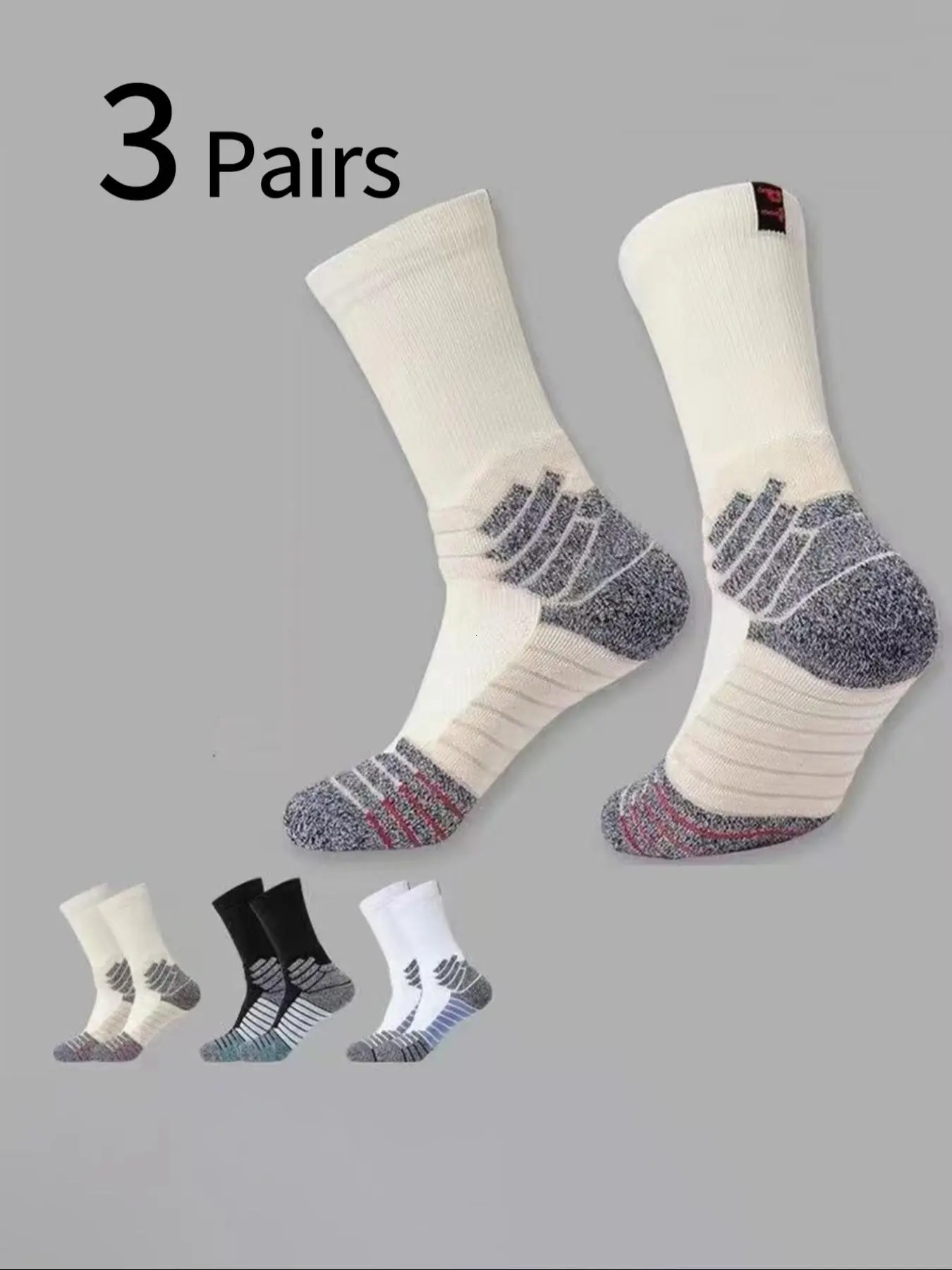 Men's Professional Basketball Socks, 3 Pairs, Anti-Slip Thick High-Cut Sports Socks, Breathable Moisture-Wicking Running Socks