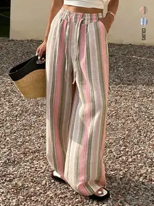 Women's Spring & Autumn Daily Light Sport Vacation Running Pink Green Vertical Striped Drawstring Wide Leg Pants Home Outdoor City Loose Trend Casual Elegant Youth Simple Versatile Texture Temperament Literary Art