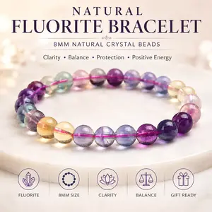 Natural Fluorite Bracelet, 8mm Multicolor Healing Crystal Beads for Clarity, Focus, Balance, Protection, Positive Energy, Reiki Meditation Gift, TikTok Made Me Buy It, SummerWins DealsForYouDays
