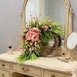 Romantic Peony Wreath, Lush Ferns with Mini Flowers, All-Season Country Cottage Porch and Entrance Decoration, Ornaments