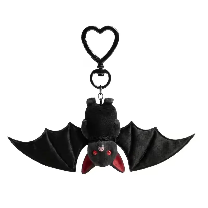 Gothic Black Plush Bat Keychain with Heart-Shaped Clasp, Cute Stuffed Backpack Charm, Halloween Emo Aesthetic Fashion Accessory Gift Item