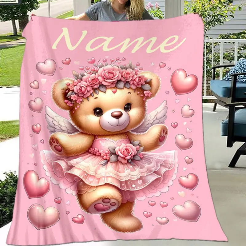 Personalized Custom Heart-shaped Teddy Bear Flannel Blanket, Soft and Warm, Made of Digitally Printed Polyester Material, Perfect for Camping, Travel, and Christmas Decorations, an Ideal Gift for Friends and Family