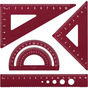 Triangular Ruler Set, 4 count  Alloy Ruler, Metal Drafting Ruler, Geometric Protractor for Students, Draftsmen, Engineers, School Office Supplies (Rose Red)