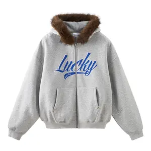 Inflation unisex Cropped Boxy zip up hoodie faux fur collar oversized streetwear y2k heavyweight sweatshirt fathers day gift