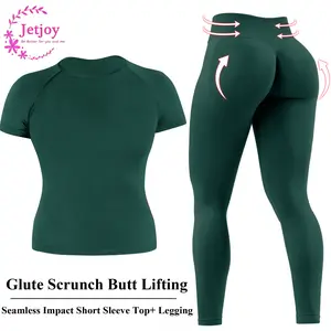Jetjoy Glute Scrunch Butt Lifting Workout Set for Women - Short Sleeve T-Shirt & Seamless Leggings with Tummy Control & Sweat Wicking Fabric Gym Exercise Activewear Athletic Sports Clothing