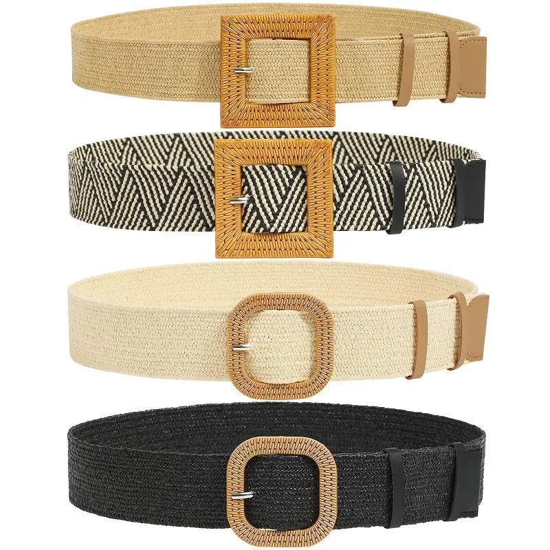 AWAYTR Fashion Elegant Women Elastic Belt Round Buckle Vintage Boho Straw Woven Belt Dress Belt TikTokShopBlackFriday