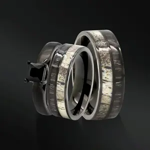 His & Her Deer Antler & Black Koa Wood Wedding Ring Set His & Her Deer Antler & Black Koa Wood Wedding Ring Set