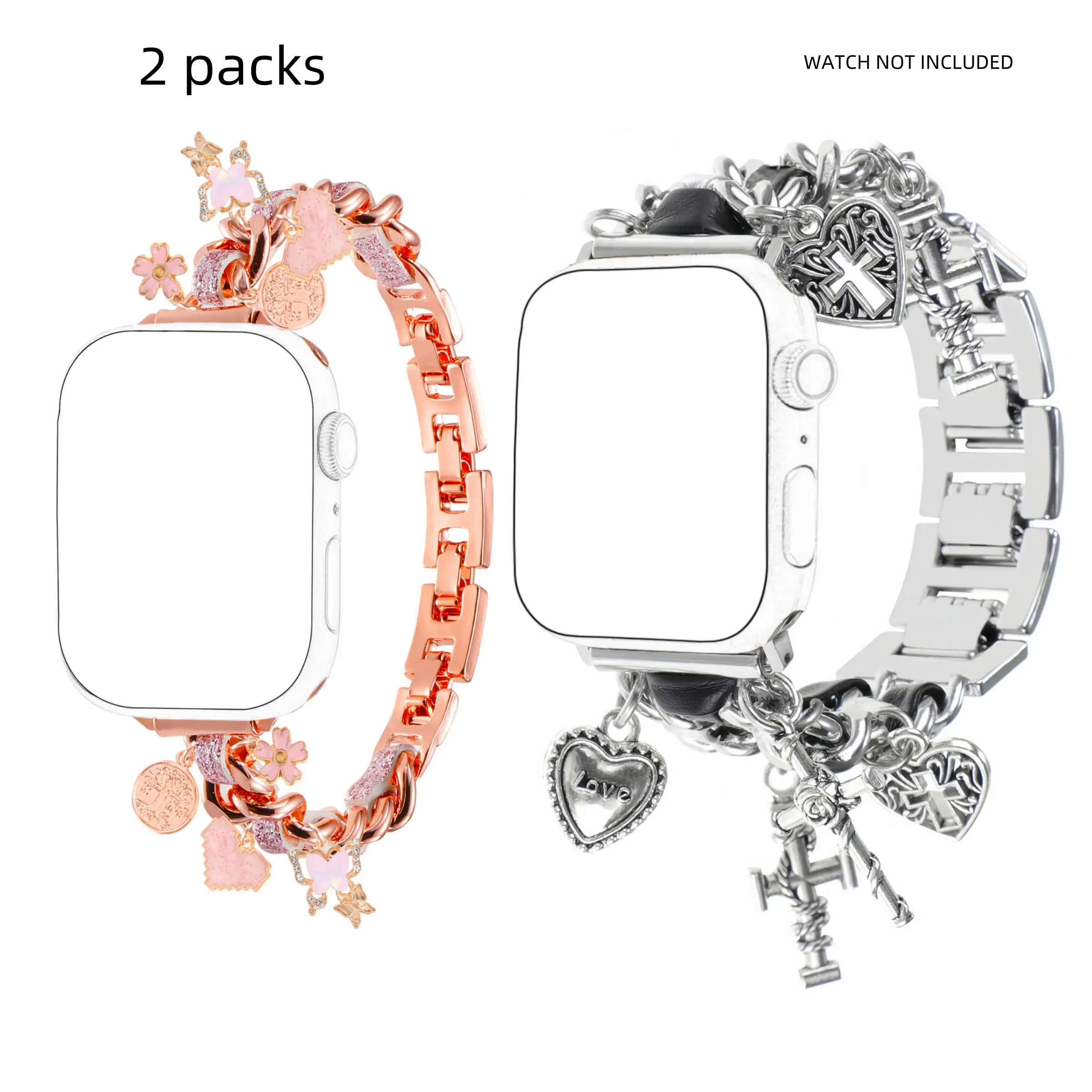 Fashionable Apple Watch Bands Compatible with Iwatch Series 1-10 Se, Unique Pendant Design, Women's Replacement Straps, 2 Pack, Metal