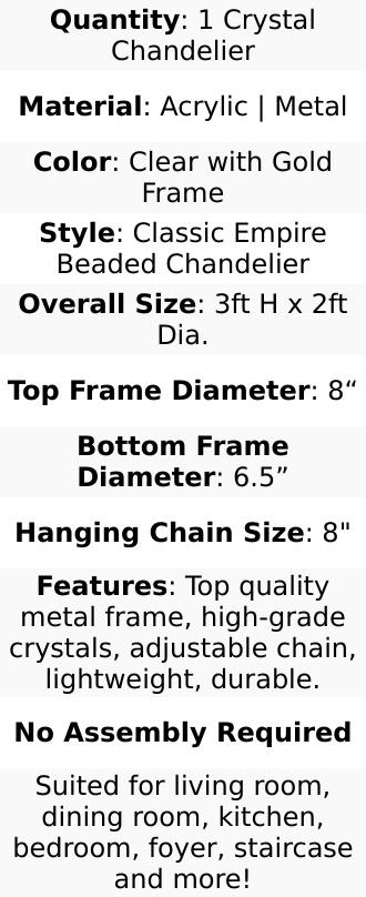 3ft Empire Style Beaded Crystal Chandelier with Gold Ornate Metal Frame, Adjustable Hanging Farmhouse Pendant Ceiling Lighting