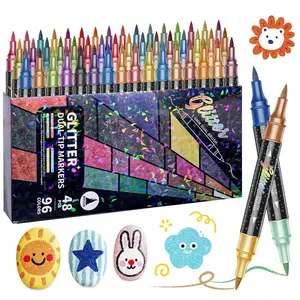 24/48/72/96 Colors Glitter Effect Brush Markers,Dual Tip Double Colours Shimmer Pens Set,DIY 2-in-1 Quick-drying Doodle Pens Set for Adult Coloring Books,Journals,Card Making & DIY Crafts