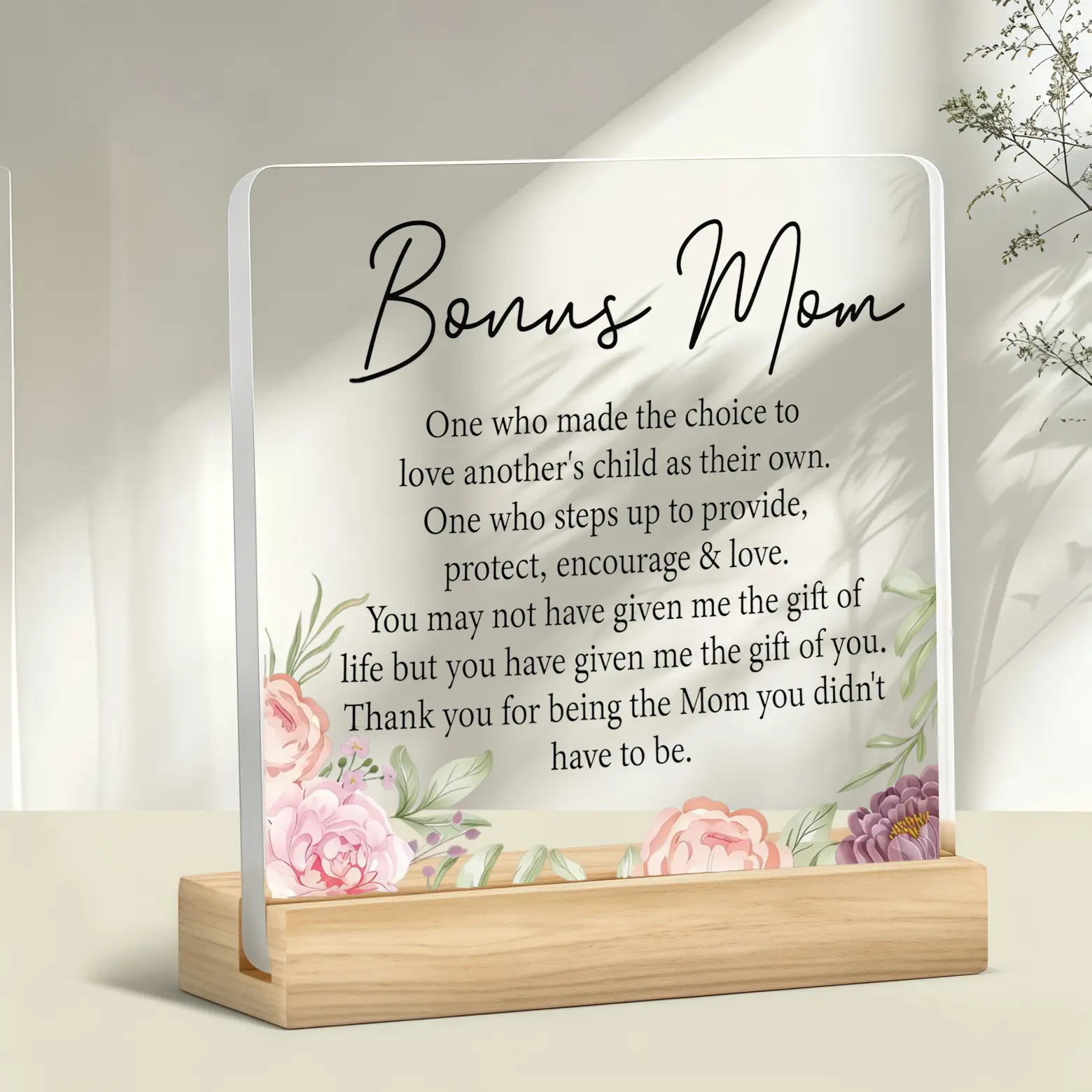 Floral Print Polished Finish Religious Theme Acrylic Bonus Mom Desk Plaque with Wooden Stand, Sentimental Gift for Stepmoms, Mother’s Day Tabletop Home Decor