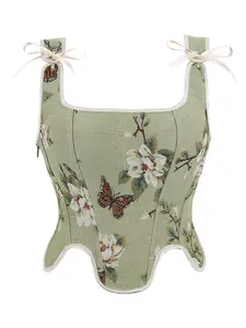 New French Vintage Style Body Shaper Corset, Monet Oil Painting Chrysanthemum Embroidery Rib Bone Shoulder Straps, Slimming Underwear, Floral, Shapewear