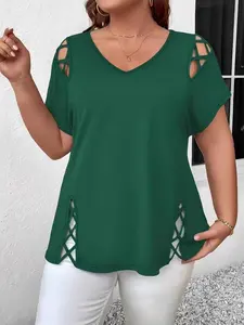 Plus Size Short Sleeve T-Shirt, Fashionable Womenswear Women's Off-Shoulder Cross Top, Casual Summer Wear, Comfortable and Stylish