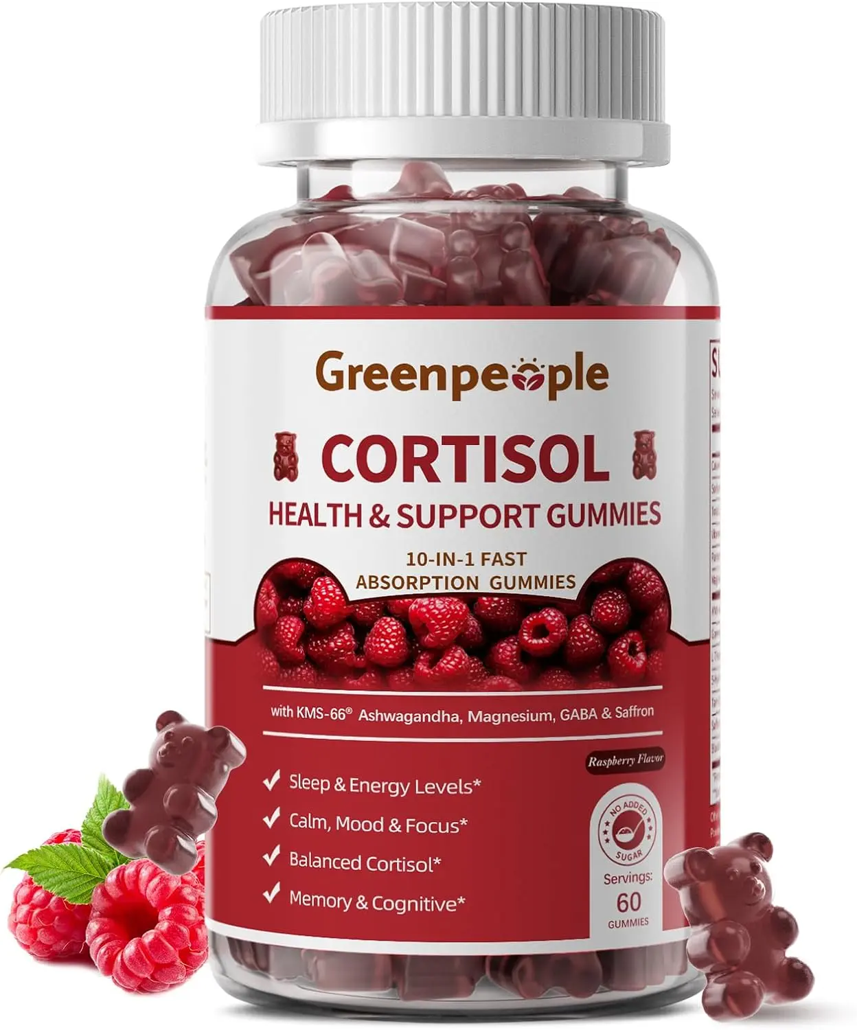 GREENPEOPLE Cortisol Supplement for Men & Women - Cortisol Reducer Detox Management w/KSM-66 Ashwagandha/Magnesium/L-Theanine/GABA/Vitamin B6 for Mood/Sleep/Stress Relief 60 CT Raspberry Flavored Gummies