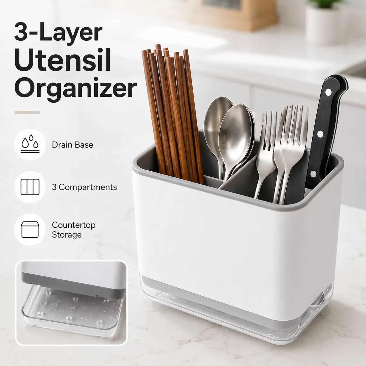Three-Layer Kitchen Utensil Organizer, Grey Chopsticks Cage Spoon Fork Storage Holder and Chopstick Box Cutlery Drain Rack for Kitchen Countertop, Sink Area, Dining Table, Flatware, Knives and Daily Tableware Storage