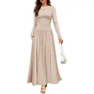 Women's Long Sleeve Maxi Dress 2025 Fall Crewneck Knit Casual Slim Swing Pleated Dresses with Pockets Soft Womenswear Comfortable Casual Wear parijan outfits thanksgiving outfits for women