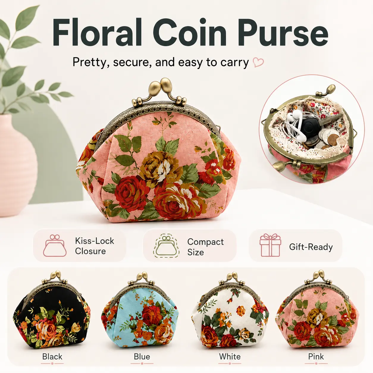 Mini Coin Purse for Women, Cute Small Wallet with Metal Clasp, Compact Change Pouch for Coins, Cards, Keys, Earbuds and Daily Essentials