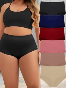 Plus Size 6 Counts Solid High Waist Panty, Breathable Comfortable Knicker for Daily Wear, Summer Outfits 2024, Women's Cheeky Underwear for All Seasons, Breathable Panties