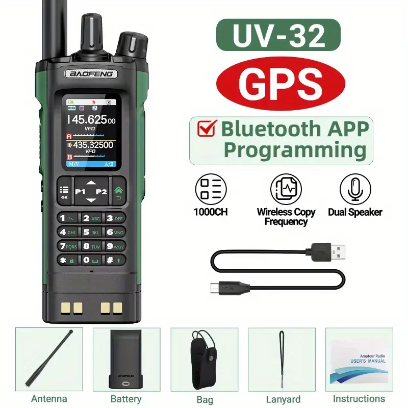 BAOFENG UV-32 GPS 10W Portable Walkie Talkie, Bluetooth APP Programming, Dual Speaker, Waterproof, Rechargeable Battery, USB-C Charging for Hunting, Camping Outdoor Use