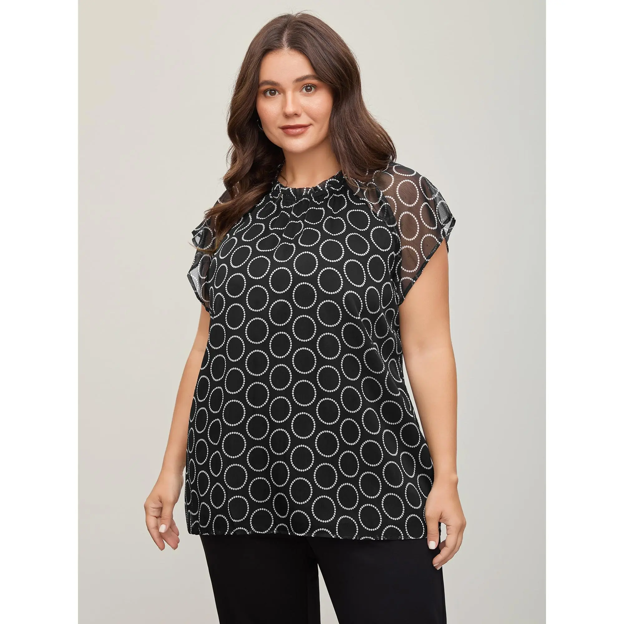 Women's Plus Size Polka Dot Blouse, Smooth Polyester Office Top with Ruffle Cap Sleeves and Sheer Contrast Mesh, Garment, Fabric