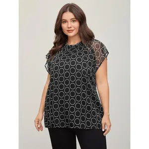 【Summer Turn-Up】【Essential】BlOOMCHIC Plus Size Polka Dot Mock Neck Mesh Patchwork Blouse [M-6X] 2026 Summer Pick for Mother's Day