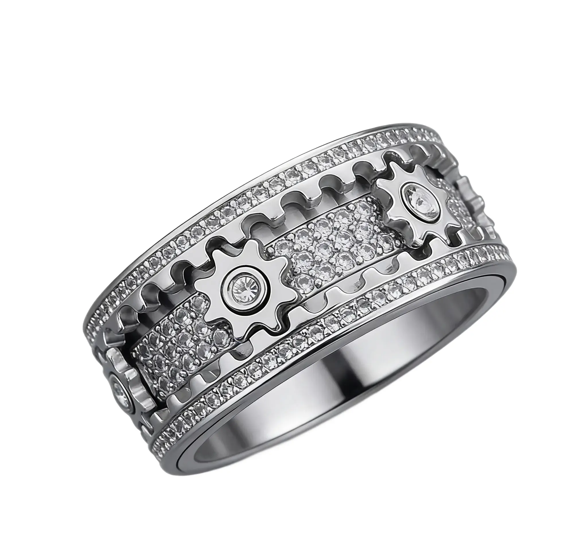Full Diamond Rotating Gear Engagement Ring for Couples - Fashionable and Unique Jewelry