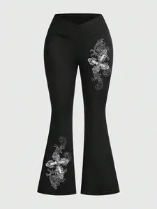 Women's Graphic Slim baggy leggings, Skinny Yoga Bottoms, Cross Waist Design, Comfortable Casual Wear, Fashionable Daily and Gym