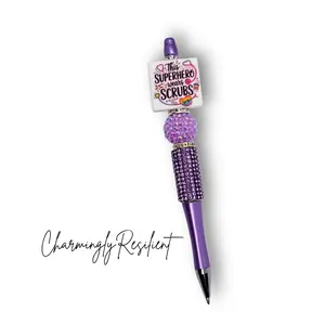 CharminglyResilient Super Hero Wears Scrubs Purple Refillable Pen for Nurses with Rhinestone Accents