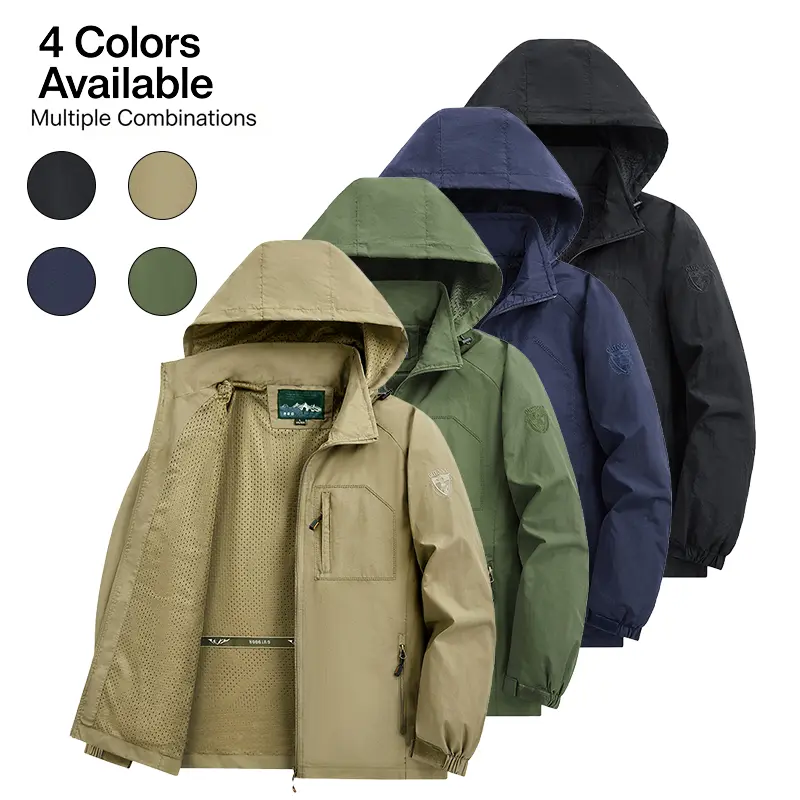 New outdoor detachable-hood couples’ hiking jackets for spring and autumn—windproof, waterproof, breathable solid-color zip-up outerwear; stylish, minimalist unisex mountaineering casual jackets