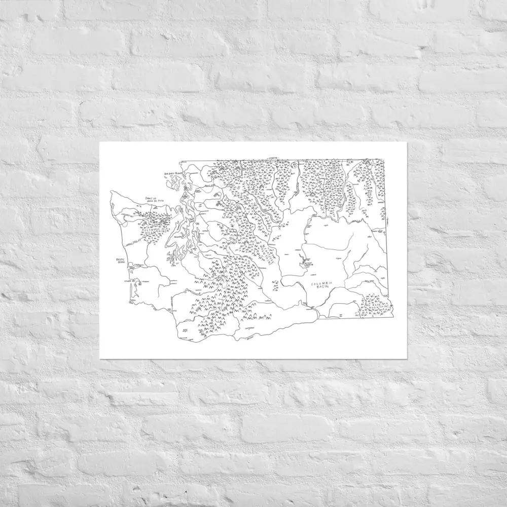 Washington Hand-Drawn Map | Fun Illustrated State Map | Matte Paper Wall Art | Multiple Sizes