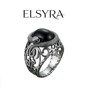 Elsyra S925 Sterling Silver with Vintage Gothic Snake Ring for man as Cocktail Party Biker, S925 Silver Snake Ring with Men's Punk Style Charm Ring, Dark Aesthetic Ring attractive with Black zirconite Gemstone, Birthday gift, for Hip Hop punk style