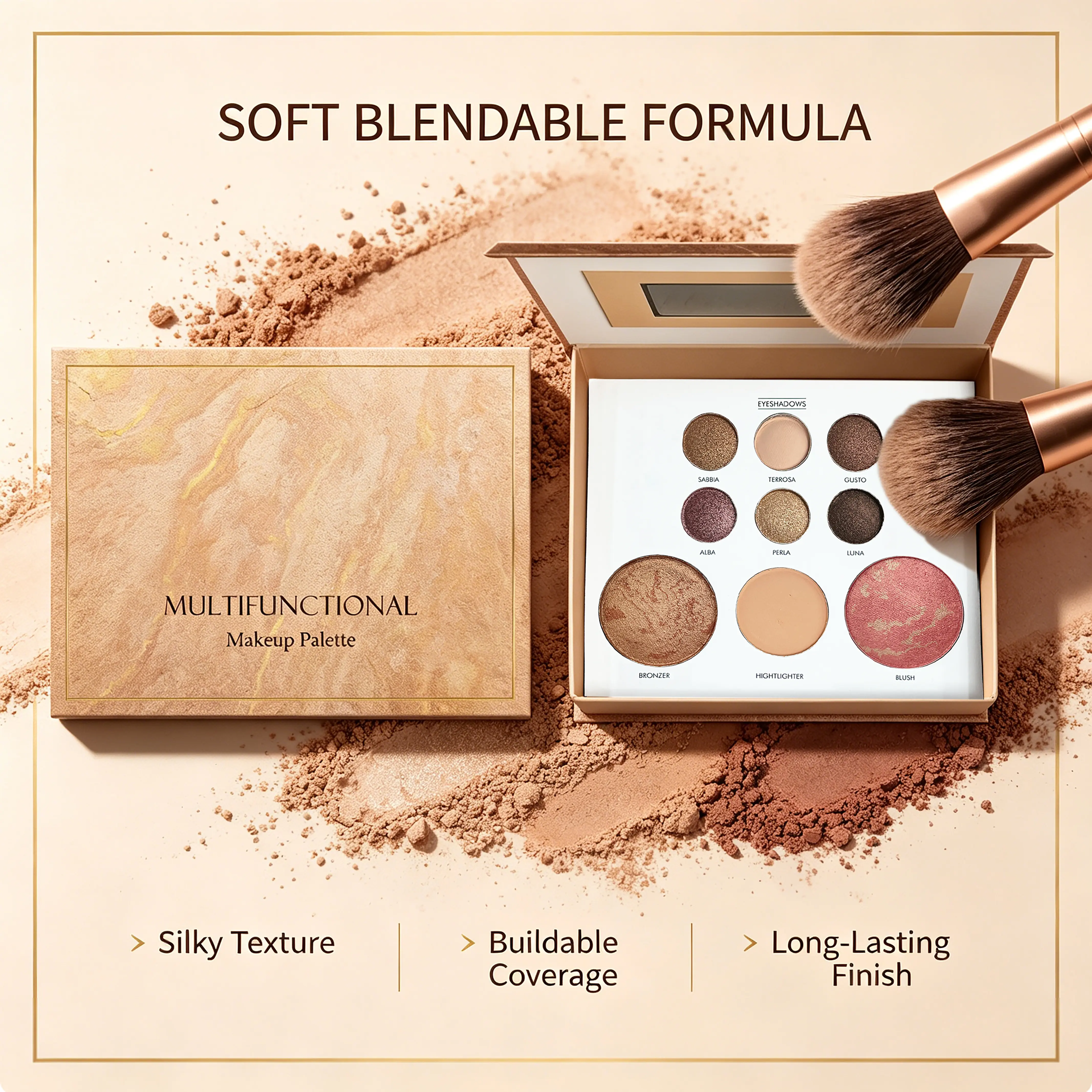 Baked Brightening Powder Palette, Multiuse Formula for Glowing Makeup - Easy Blend Highlighter, Blush, Contour & Eyeshadow for Adults, Multiuse Palette, Single Item, All Skin Types, Cosmetic, Compact, Portable Facial Palette