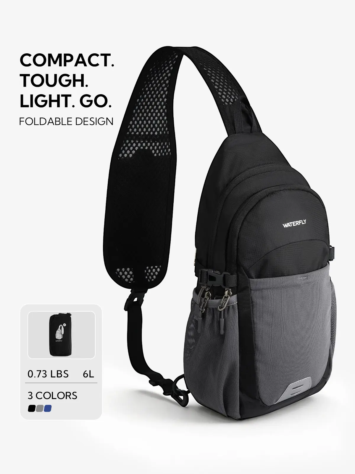 WATERFLY Packable Crossbody Sling Bag: Small Lightweight Travel RFID Blocking Sling Daypack with Water Bottle Holder - Shoulder Chest Bag Backpack for Women Men Hiking Traveling Theme Parks