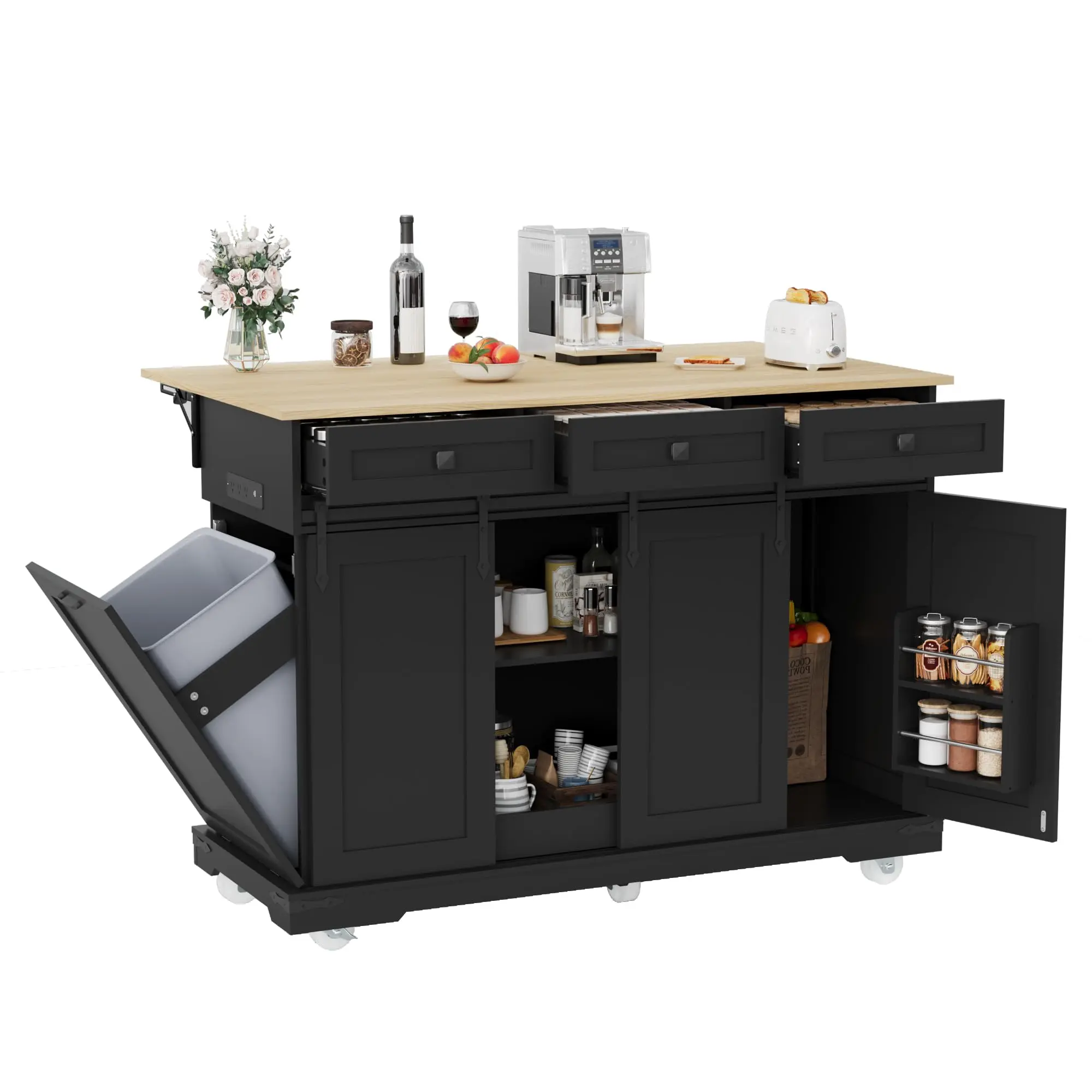 Garvee Rolling Portable Kitchen Island Cart (Furniture for Kitchen) - Black Finish with Power Outlet, 3 Drawers, Drop Leaf, Trash Can Storage, Spice Rack, Towel Holder, Rolling Kitchen Island