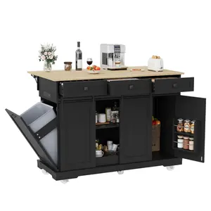 Garvee Rolling Large Kitchen Island Cart with Power Outlet, 3 Drawers, Drop Leaf, Trash Can Storage, Mobile Island Table with Spice Rack and Towel Holder, Black Finish