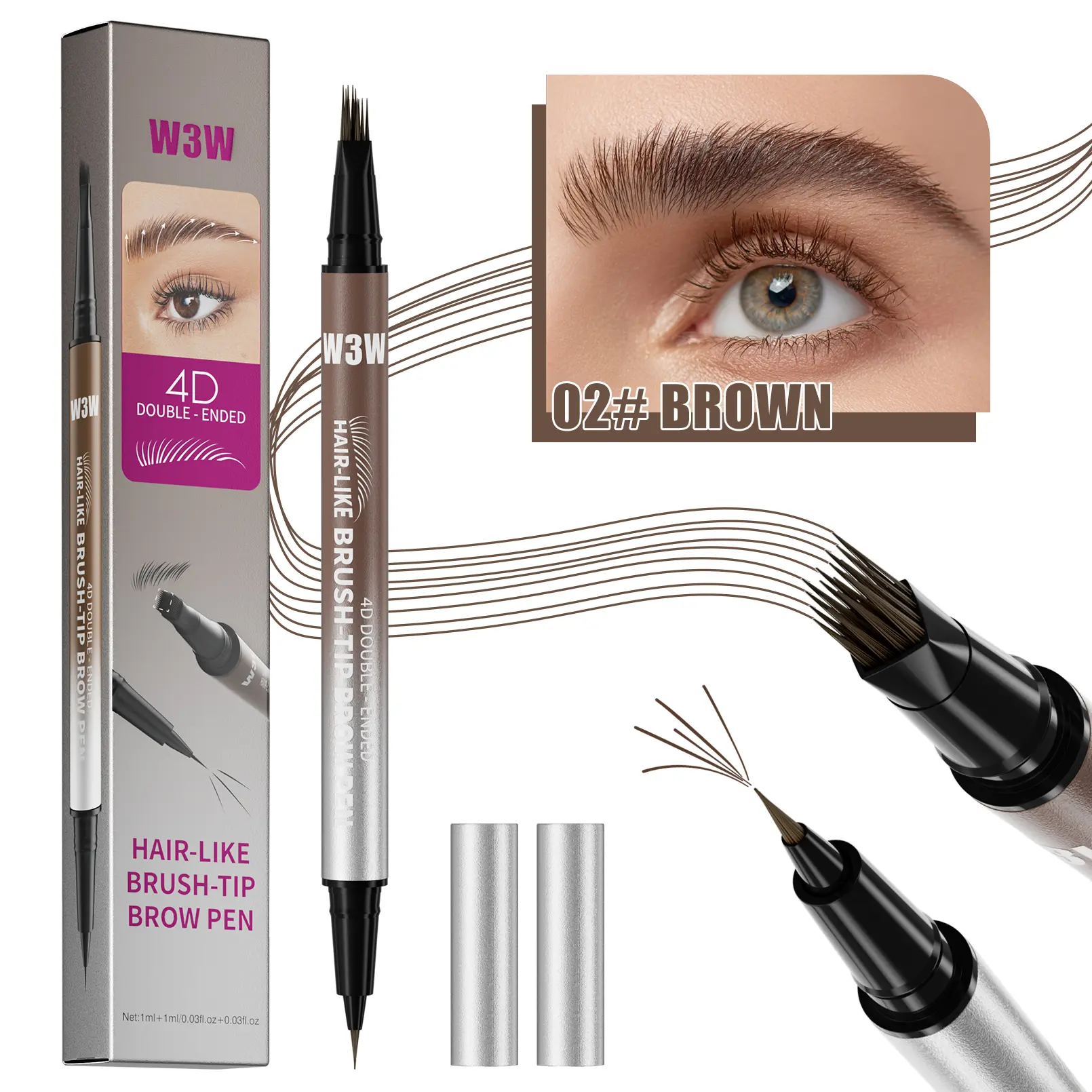 W3W 4D Dual-Tip Brow Pen & Eyeliner, Waterproof Liquid with Micro-Forked Tip for Sparse Brows, Long-Lasting Natural Microblading Finish for All Skin Types, Flawless, Fluffy, Smooth, Gym, Makeup, Brow Gel