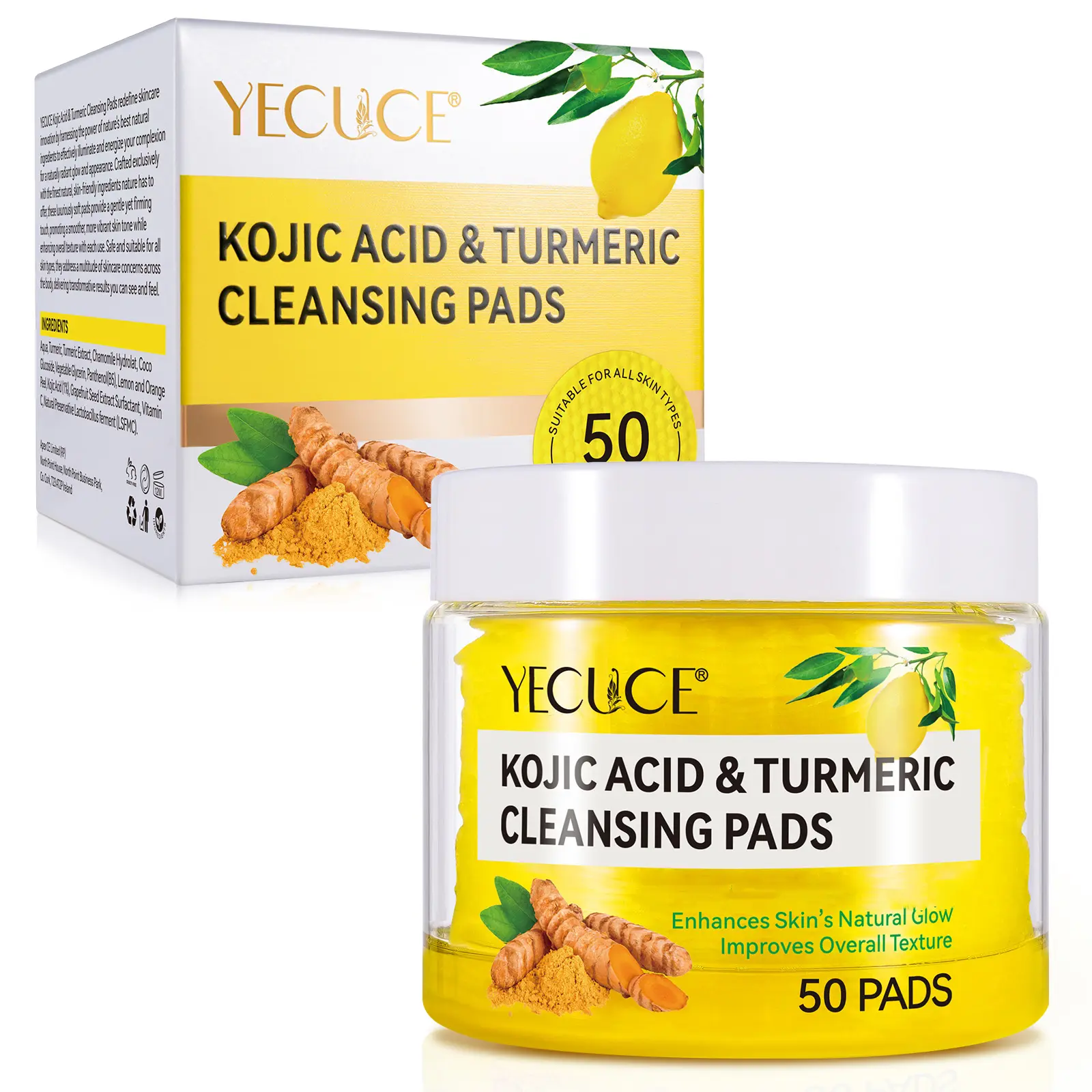 【live】YECUCE Turmeric Kojic Acid Exfoliating Cleansing Pads Skincare Comfort (30 or 50 pads)
