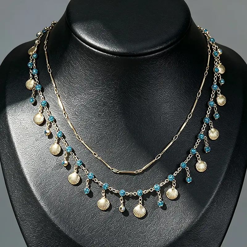 Golden Color Layered Shell Choker Necklace for Women Blue Crystal Beach Pendant Necklace Dainty Summer Jewelry for Vacation Daily Wear, Necklaces For Women, Crystal Necklace, Crystal Necklaces, Blue Crystal Necklaces