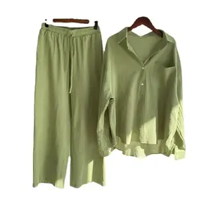 Women's 2-Piece Set Cotton Linen Shirt Suit High-Waisted Loose Long Pants Womenswear Casual