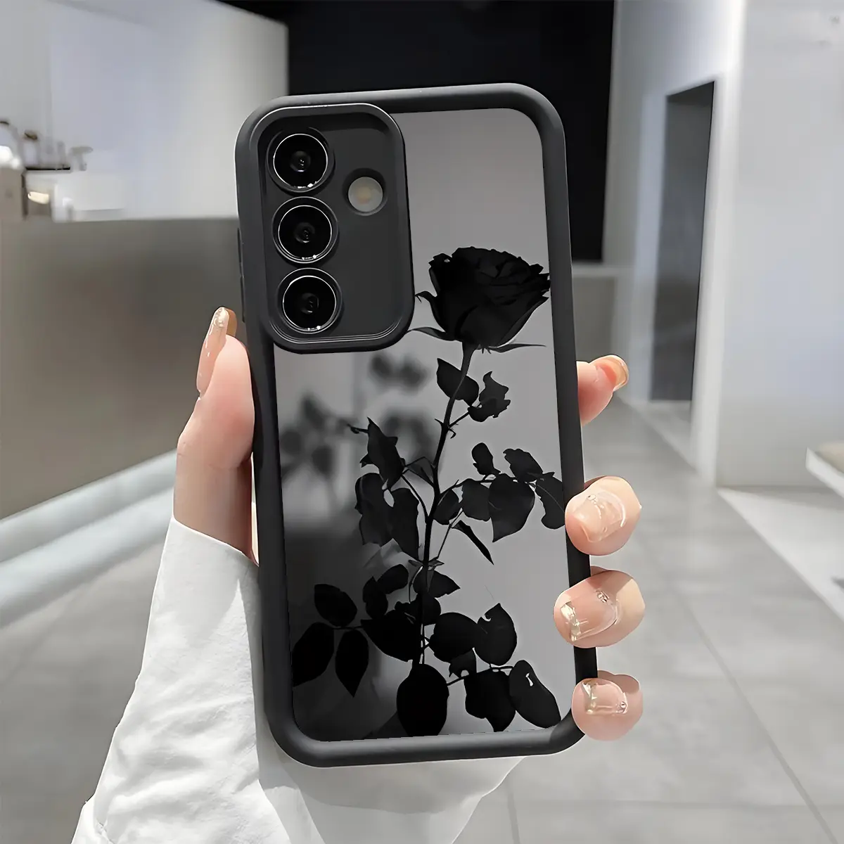 Black Rose Pattern Smartphone Case - Enhanced Camera Protection, Shockproof, Skin-Friendly Touch Soft Cover for Boy's Handheld Cellphone (Samsung Galaxy S21-S26 Ultra/Plus/FE, A13-A17, A33-A36, A52-A54, Note20) Flash Compatible, Wireless, Casing, Accessor