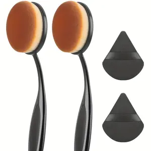 2pcs Black Oval Toothbrush Foundation Brushes + 2pcs Makeup Sponges – Portable Beauty Duo Brush Liquid & Cream Blending Set for Travel, Beginners & Daily Makeup Synthetic Makeup Brushes