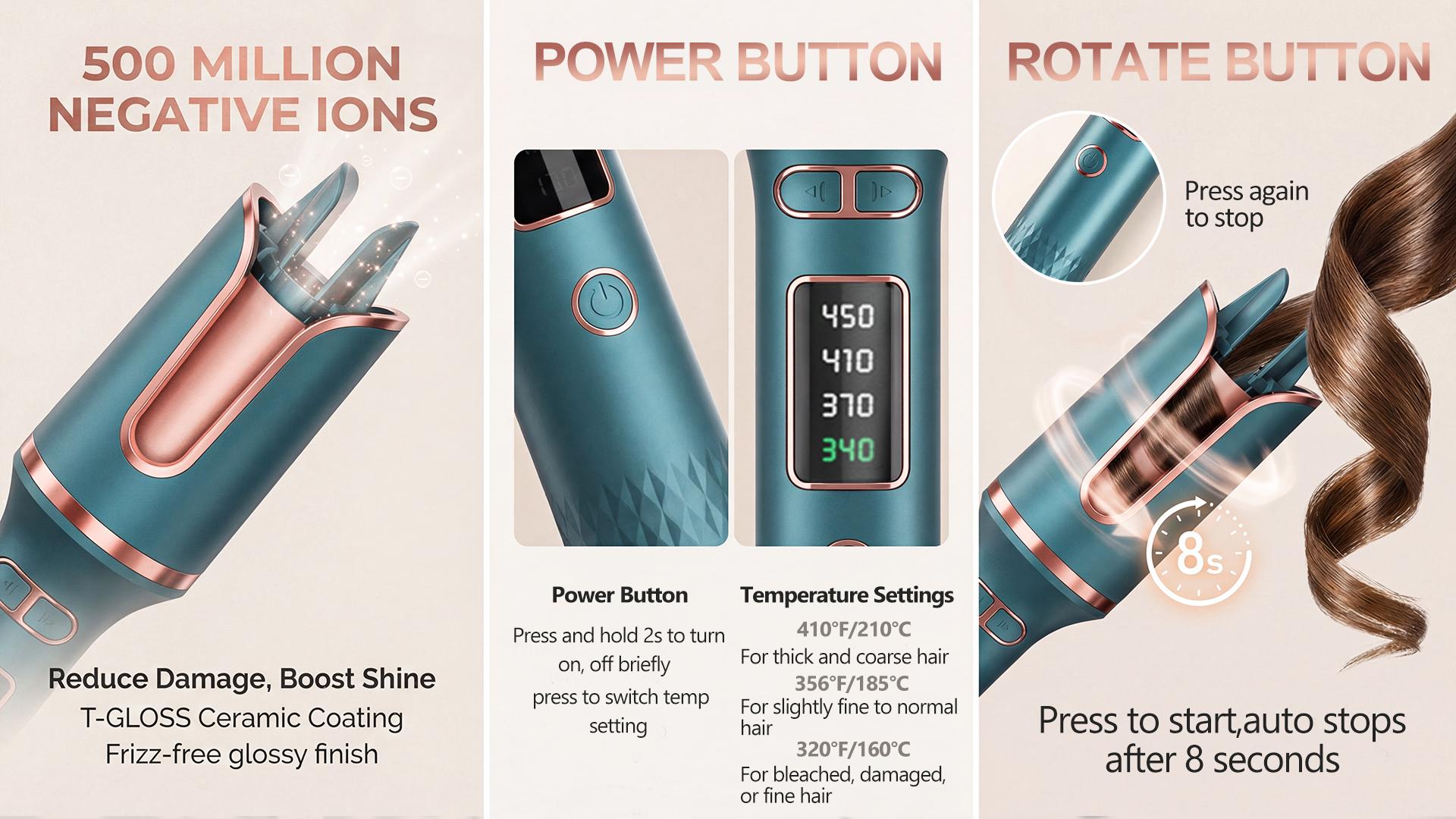 Automatic Rotating Curling Iron -  CURLPRO Beach Waves Curling Wand, Portable Hair Curler, 500 Million Ionic, Dual Voltage & Lightweight for Travel, Ceramic Coating, 1 Inch, Pink