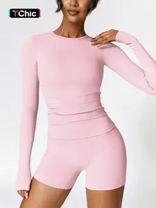 Women's Solid Round Neck Sports Tee & High Waist Shorts Tracksuit Set, Summer Outfits 2024, Ladies Sportswear for Indoor Outdoor Wear, Sportswear for Gym, Workout Running Clothes, Sweatsuit Set