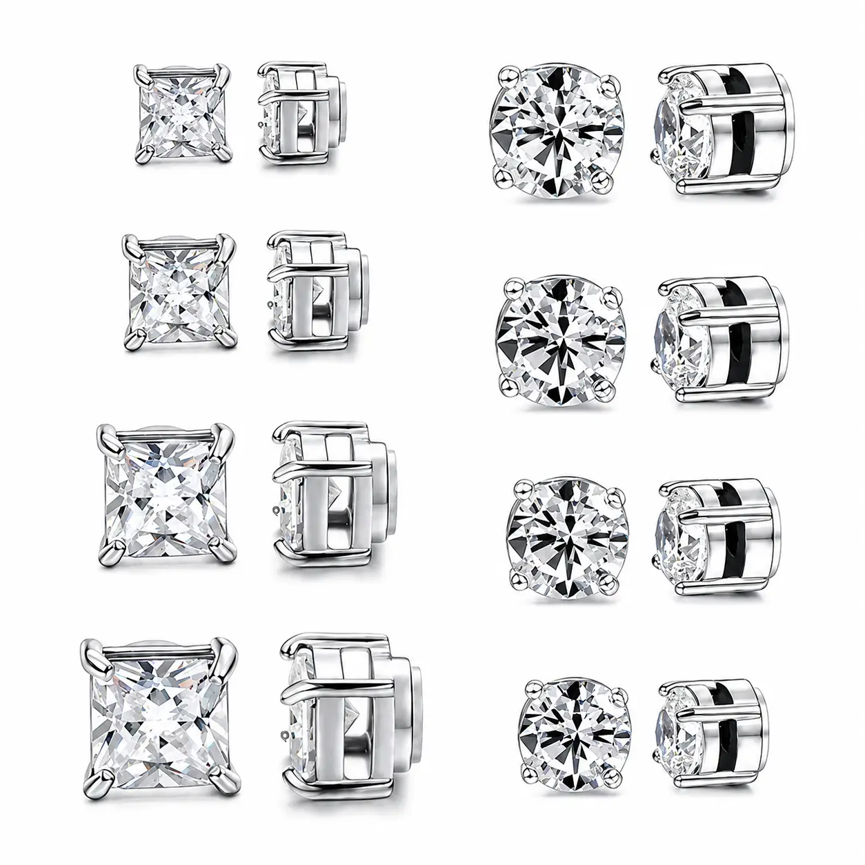 Magnetic Fashion Stud Earrings - Cubic Zirconia Silver Artificial Gemstone Earrings, Unisex Polished Stainless Steel, 5-8MM Non-Piercing Fashion Jewelry for Faux Pierced Look, Metal